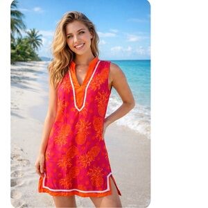 Escapada pineapple print, pink and orange, sleeveless tunic dress, size medium